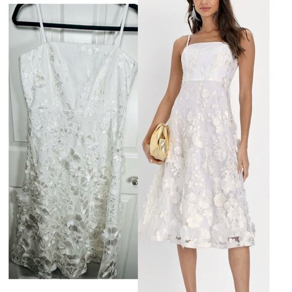 Lulu's Glamour Garden White 3D Floral Embroidered Midi Dress Size Tag Missing - Picture 1 of 12